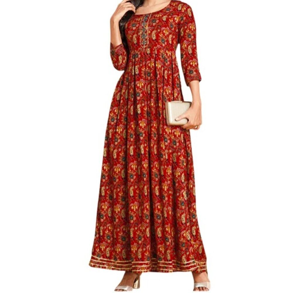 Arhaa Red Paisley Viscose Fit & Flare 3/4 Sleeve Boho Ethnic Maxi Dress Size S